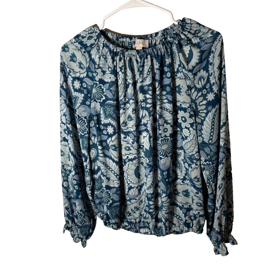 Loft Blouse Women's Medium Blue Round Neck Long Sleeve Boho Lightweight Top